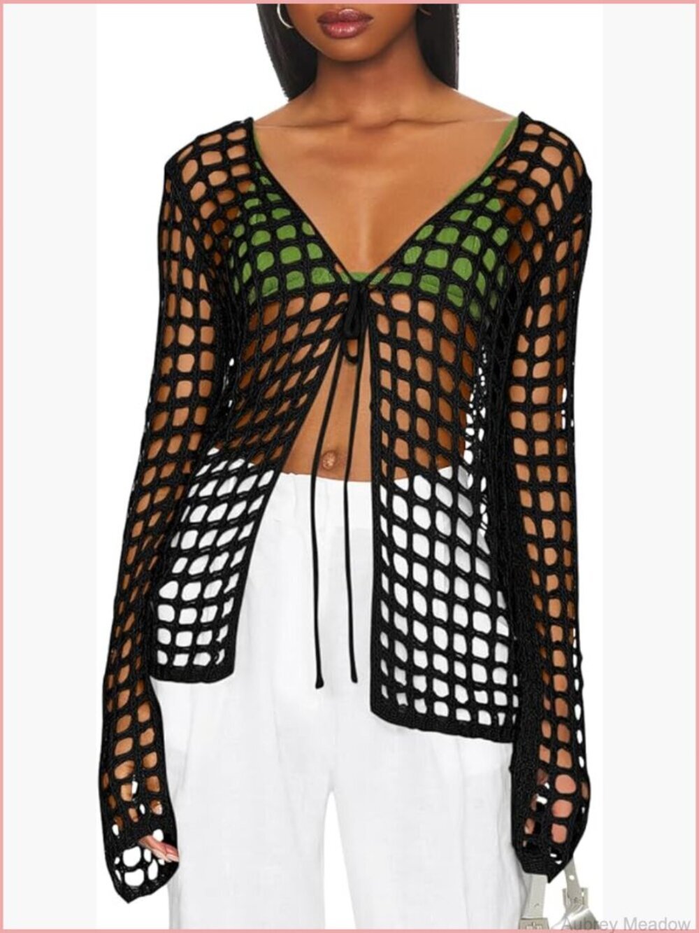 Long Sleeve Crochet Tie Front Swimsuit Cover Up Knit Cardigan